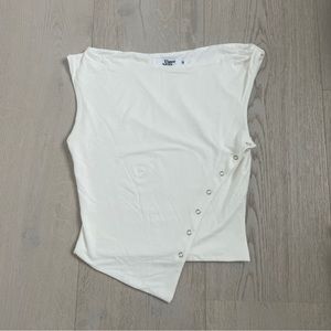 Asymmetrical Tiger Mist white top with snap closure